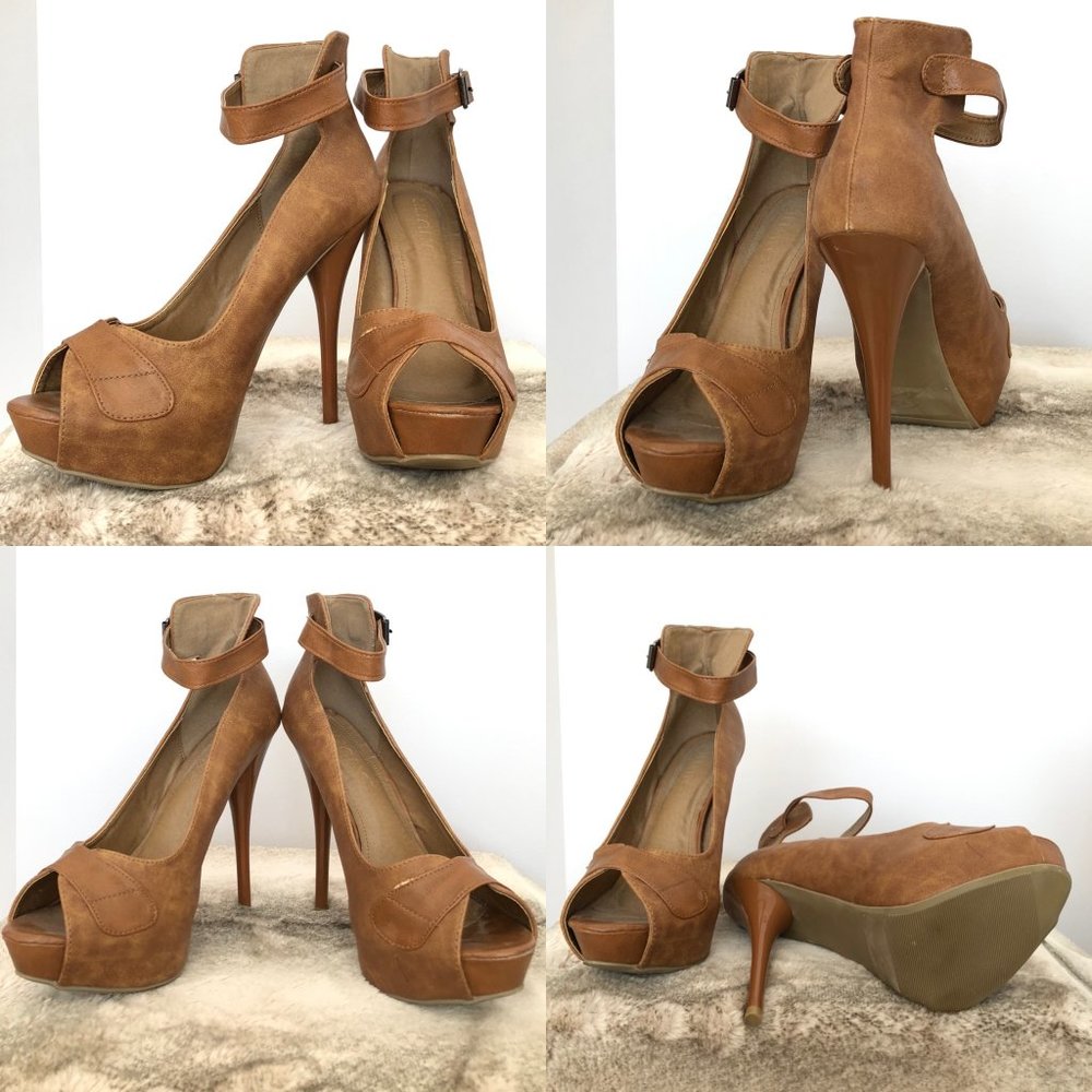 Brown, High Heel, PeepToe, Ankle Strap, Platform.